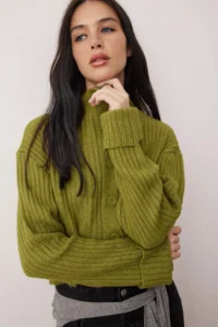 TRENDYOLMİLLA Oil Green Crop Soft textured High Neck Knitwear Cardigan - Image 2
