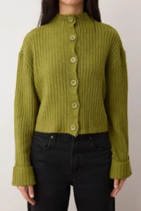 TRENDYOLMİLLA Oil Green Crop Soft textured High Neck Knitwear Cardigan - Image 3