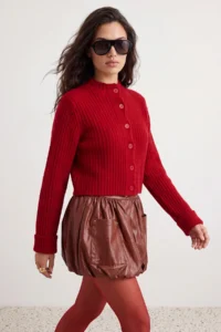 TRENDYOLMİLLA Red Crop Soft textured High Neck Knitwear Cardigan - Image 2