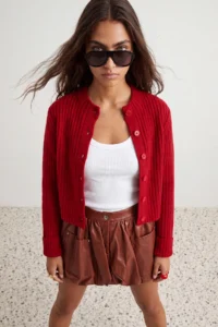 TRENDYOLMİLLA Red Crop Soft textured High Neck Knitwear Cardigan - Image 3