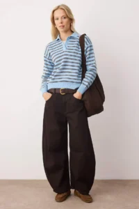 TRENDYOLMİLLA Light BLUE Striped Polo Shirt Collar Knitwear Sweater - Image 2