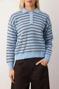 TRENDYOLMİLLA Light BLUE Striped Polo Shirt Collar Knitwear Sweater - Image 3