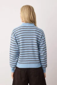 TRENDYOLMİLLA Light BLUE Striped Polo Shirt Collar Knitwear Sweater - Image 4