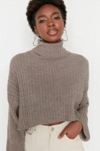 TRENDYOLMİLLA Brown Crop Basic Knitwear Sweater - Image 2