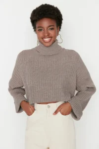 TRENDYOLMİLLA Brown Crop Basic Knitwear Sweater - Image 3