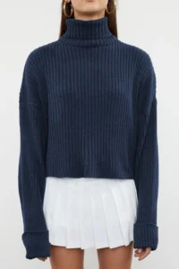 TRENDYOLMİLLA Indigo Rollable Turtleneck Plain Crop Basic Knitwear Sweater - Image 3