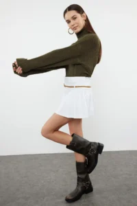 TRENDYOLMİLLA Khaki Rollable Turtleneck Plain Crop Basic Knitwear Sweater - Image 2