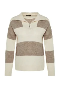 TRENDYOLMİLLA Beige Wide Pattern Soft textured Zippered Knitwear Sweater - Image 6