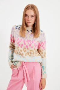 TRENDYOLMİLLA Stone Soft textured Leopard Patterned Knitwear Sweater