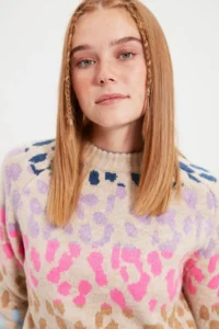 TRENDYOLMİLLA Stone Soft textured Leopard Patterned Knitwear Sweater - Image 3
