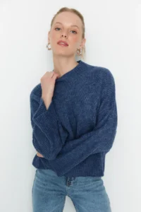 TRENDYOLMİLLA Indigo Soft textured Basic Knitwear Sweater - Image 2