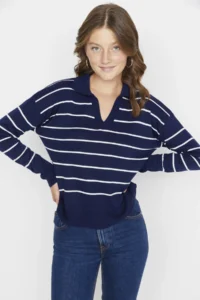 TRENDYOLMİLLA NAVY BLUE Striped Polo Shirt Collar Knitwear Sweater - Image 2