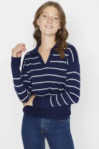 TRENDYOLMİLLA NAVY BLUE Striped Polo Shirt Collar Knitwear Sweater - Image 3