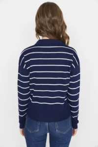 TRENDYOLMİLLA NAVY BLUE Striped Polo Shirt Collar Knitwear Sweater - Image 5