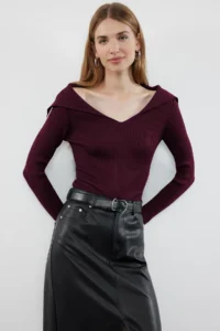 TRENDYOLMİLLA Burgundy Carmen Collar Plain Knitwear Sweater