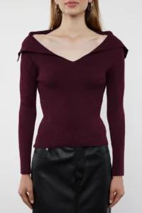 TRENDYOLMİLLA Burgundy Carmen Collar Plain Knitwear Sweater - Image 3