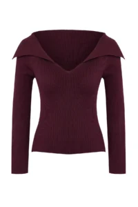 TRENDYOLMİLLA Burgundy Carmen Collar Plain Knitwear Sweater - Image 6