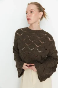 TRENDYOLMİLLA Mink Cellular/Delikli Knitwear Sweater - Image 2