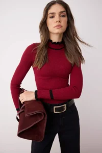 TRENDYOLMİLLA Burgundy Fitted Color Bloklu Knitwear Sweater