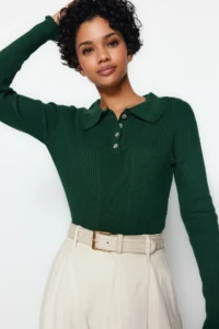 TRENDYOLMİLLA Emerald Green Polo Shirt Collar Knitwear Sweater