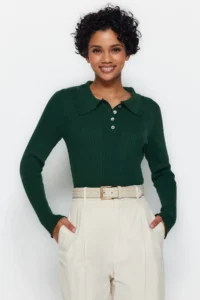 TRENDYOLMİLLA Emerald Green Polo Shirt Collar Knitwear Sweater - Image 2