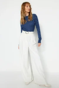 TRENDYOLMİLLA BLUE Pearl Detailed Crew Neck Knitwear Sweater - Image 3