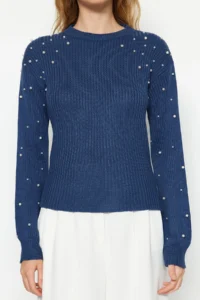 TRENDYOLMİLLA BLUE Pearl Detailed Crew Neck Knitwear Sweater - Image 6