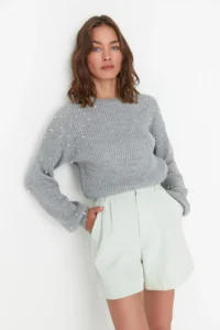 TRENDYOLMİLLA Gray Pearl Detailed Crew Neck Knitwear Sweater - Image 2
