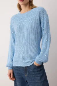 TRENDYOLMİLLA Light BLUE Pearl Detailed Crew Neck Knitwear Sweater - Image 3