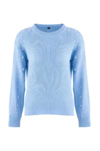TRENDYOLMİLLA Light BLUE Pearl Detailed Crew Neck Knitwear Sweater - Image 5