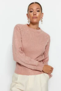 TRENDYOLMİLLA Powder PINK Pearl Detailed Crew Neck Knitwear Sweater - Image 2