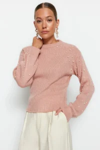 TRENDYOLMİLLA Powder PINK Pearl Detailed Crew Neck Knitwear Sweater - Image 3