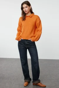 TRENDYOLMİLLA Orange Wide Pattern Soft textured Braided Knitwear Sweater - Image 2