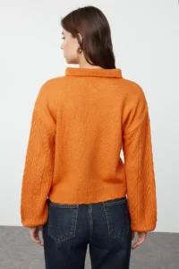 TRENDYOLMİLLA Orange Wide Pattern Soft textured Braided Knitwear Sweater - Image 5