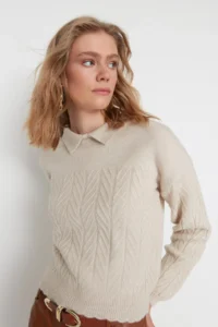 TRENDYOLMİLLA Stone Wide Pattern Soft textured Braided Knitwear Sweater