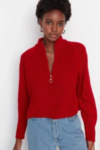 TRENDYOLMİLLA Red Crop Zippered High Neck Basic Knitwear Sweater - Image 2