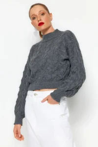 TRENDYOLMİLLA Anthracite Crop High Neck Knitwear Sweater