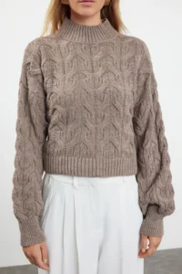 TRENDYOLMİLLA Mink Crop High Neck Knitwear Sweater - Image 3