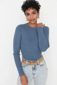TRENDYOLMİLLA Indigo Basic Ribbed Knitwear Sweater
