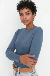 TRENDYOLMİLLA Indigo Basic Ribbed Knitwear Sweater - Image 2