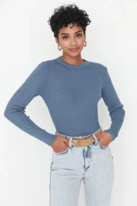 TRENDYOLMİLLA Indigo Basic Ribbed Knitwear Sweater - Image 3