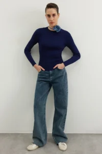 TRENDYOLMİLLA NAVY BLUE Basic Ribbed Knitwear Sweater - Image 4
