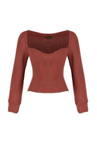 TRENDYOLMİLLA Brown Crop Heart Collar Knitwear Sweater - Image 6