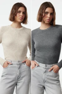 TRENDYOLMİLLA Anthracite-Beige 2 Sets Paket Knitwear Sweater