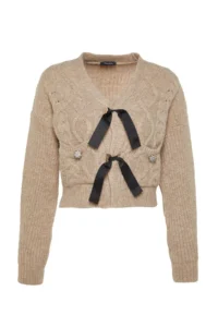 TRENDYOLMİLLA Beige Soft textured Ribbon/Bow Detailed Hair Knitting Knitwear Sweater - Image 6