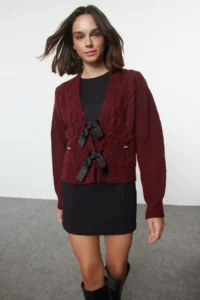 TRENDYOLMİLLA Burgundy Soft textured Ribbon/Bow Detailed Hair Knitting Knitwear Sweater - Image 2