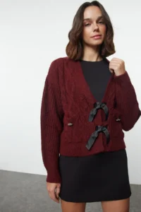 TRENDYOLMİLLA Burgundy Soft textured Ribbon/Bow Detailed Hair Knitting Knitwear Sweater - Image 3