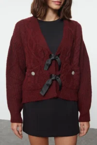 TRENDYOLMİLLA Burgundy Soft textured Ribbon/Bow Detailed Hair Knitting Knitwear Sweater - Image 4