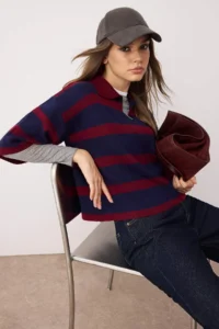 TRENDYOLMİLLA Burgundy Polo Shirt Collar Basic Striped Knitwear Sweater