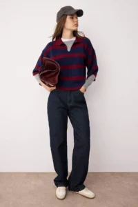 TRENDYOLMİLLA Burgundy Polo Shirt Collar Basic Striped Knitwear Sweater - Image 2